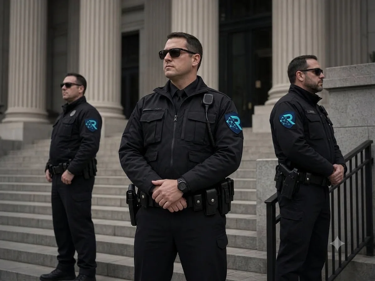 Officers securing a civic building entrance