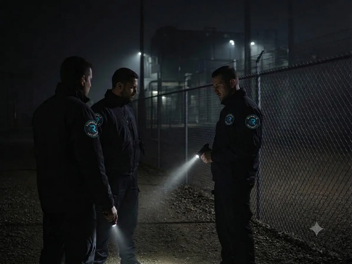 Night response team coordinating at a secured facility perimeter