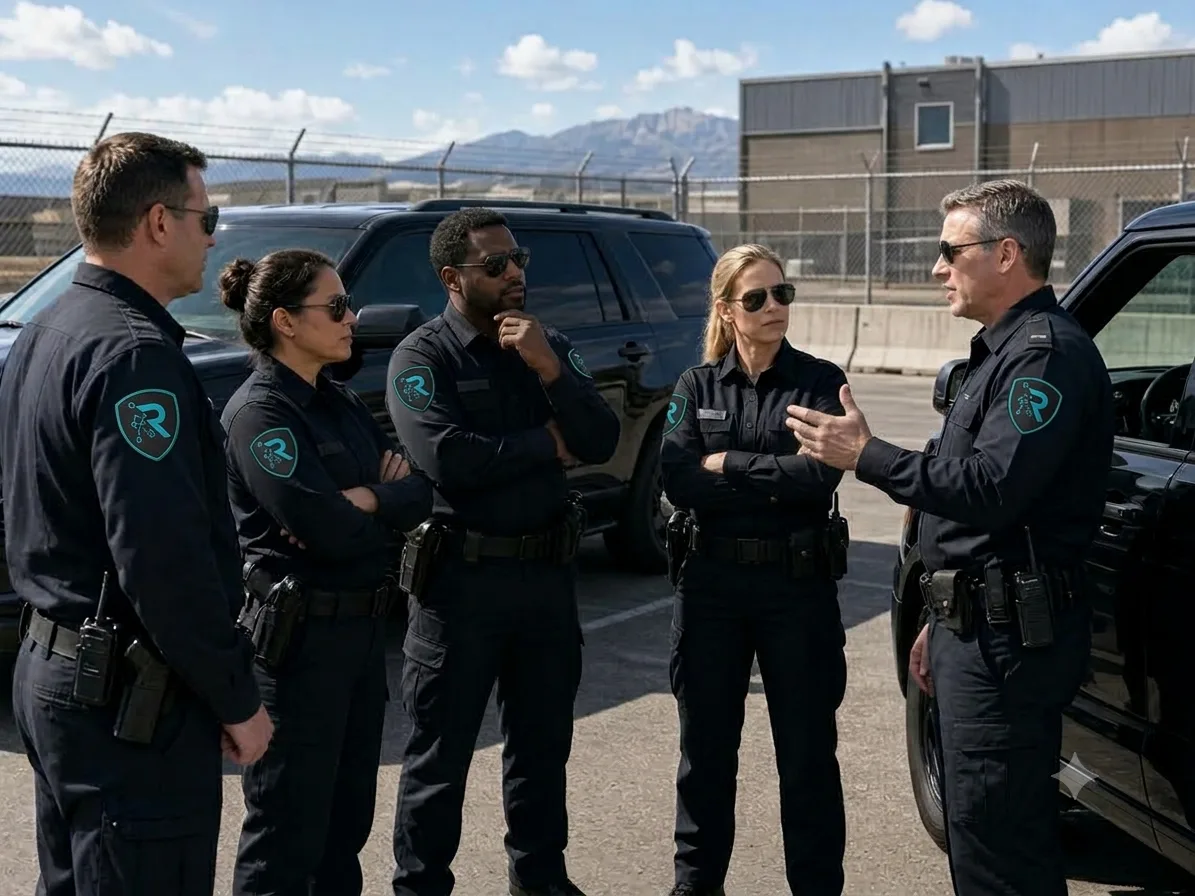 Law enforcement experienced security team briefing near patrol vehicles