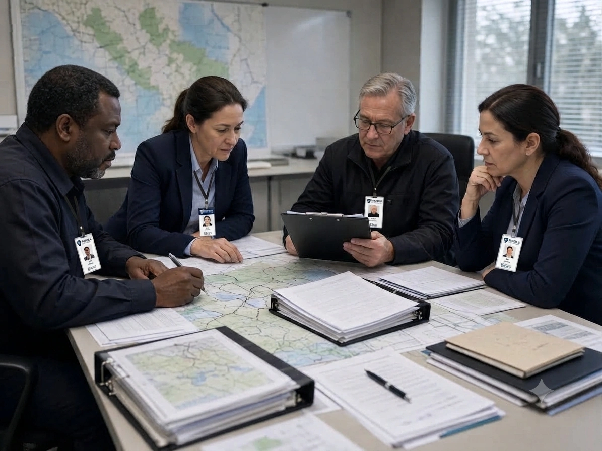 Emergency response planning session with floor plans