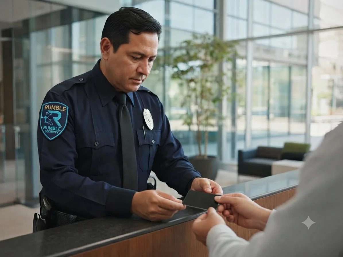 Security officer managing visitor access in a corporate lobby