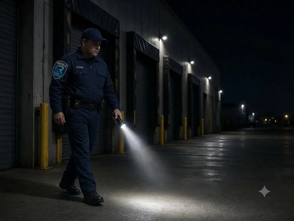 Security guard on night patrol at a warehouse loading dock