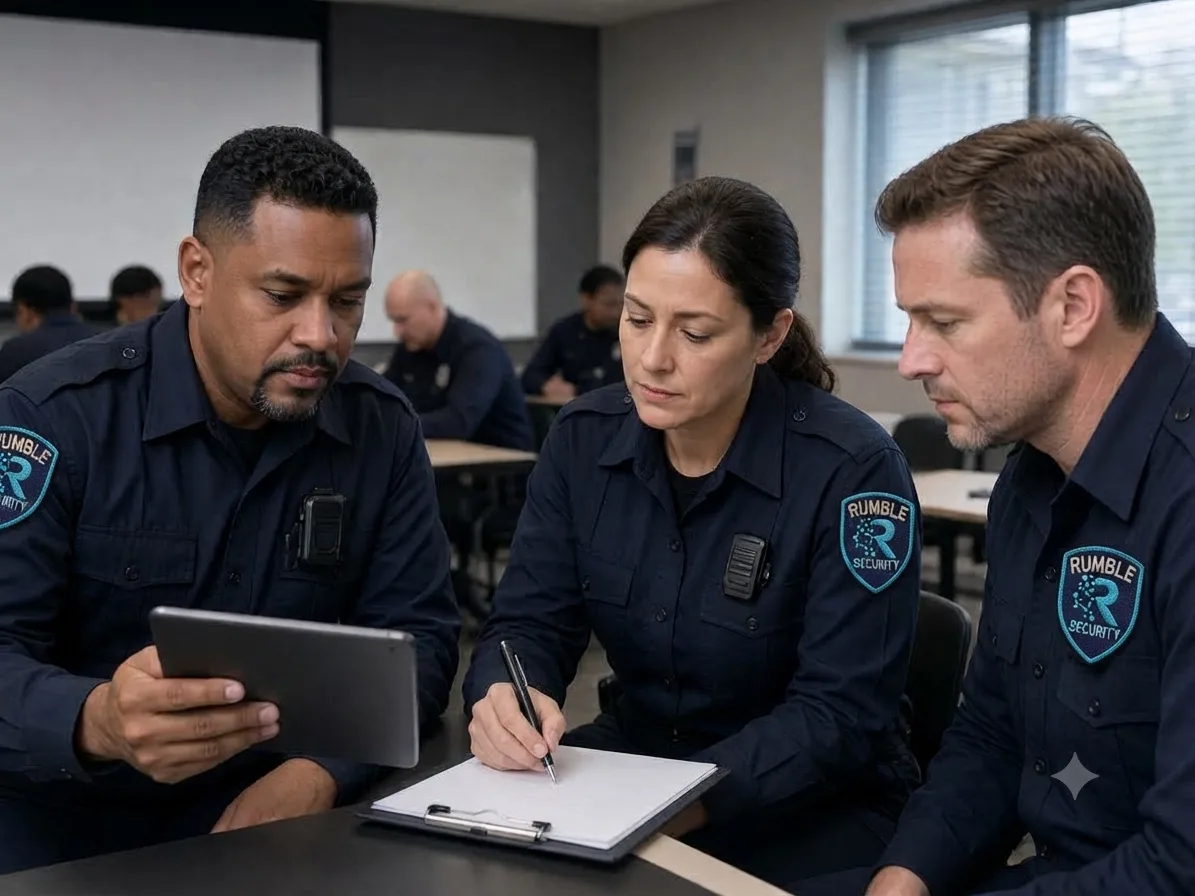 Security officers reviewing site post orders during training
