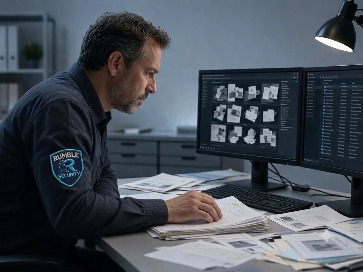 Investigator reviewing documents and digital evidence