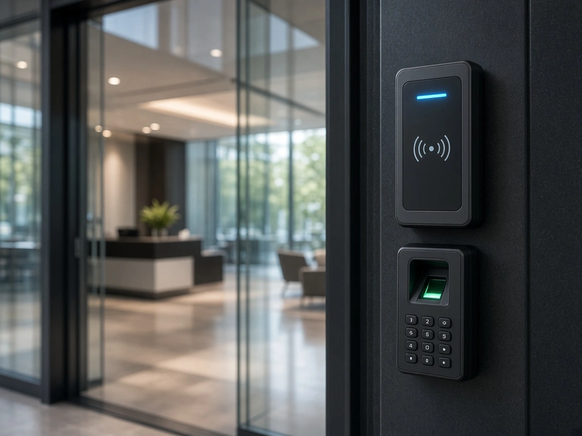 Electronic access control reader at a modern office entrance