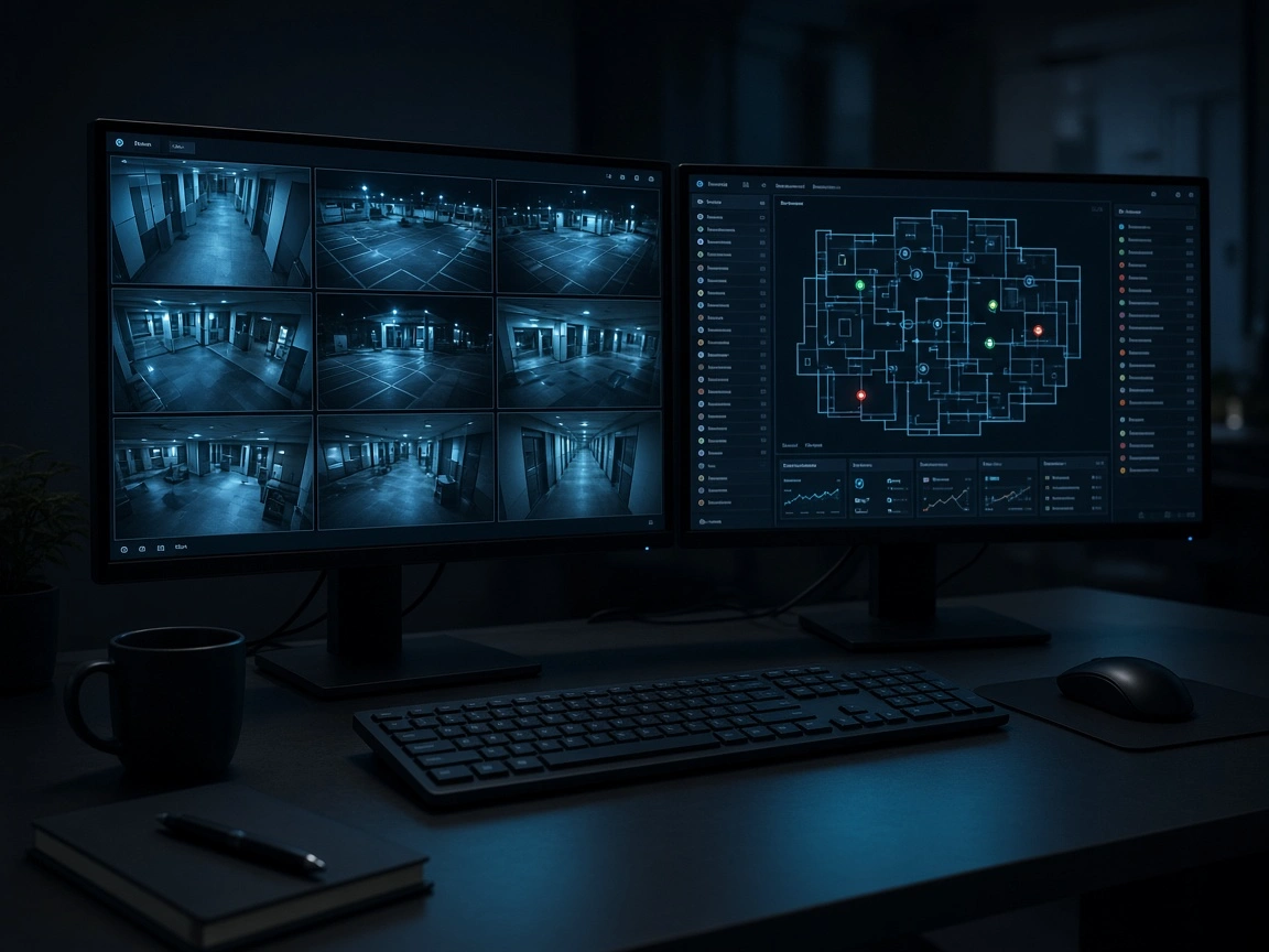 Security workstation with live camera grid and access map