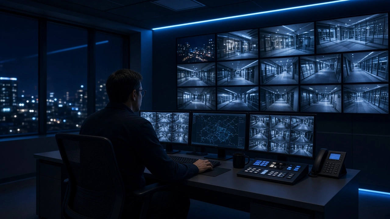 Security operations control room with live camera monitoring