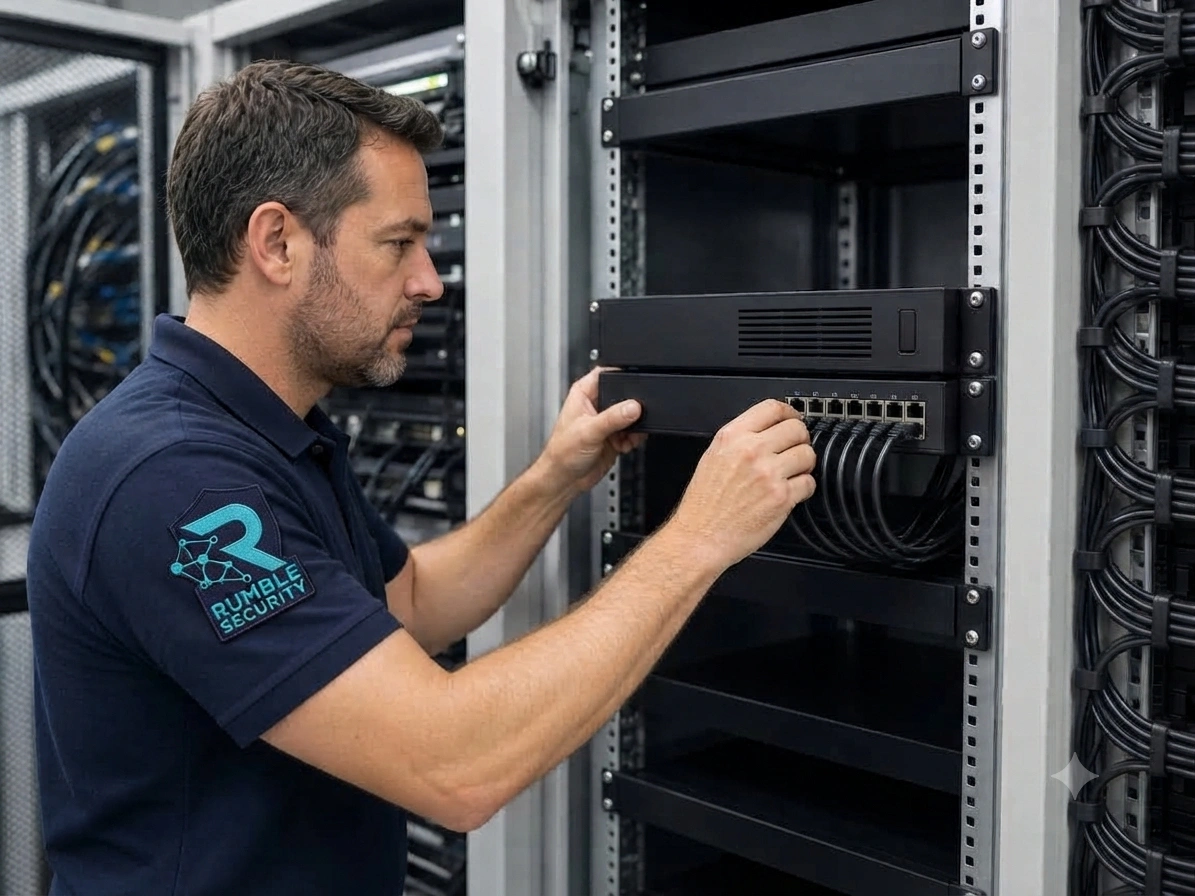 Technician installing network video recorder equipment