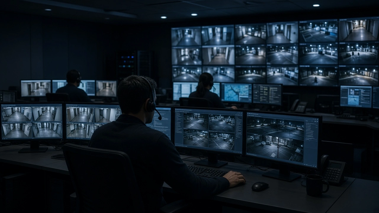 Security operations center monitoring multiple camera feeds