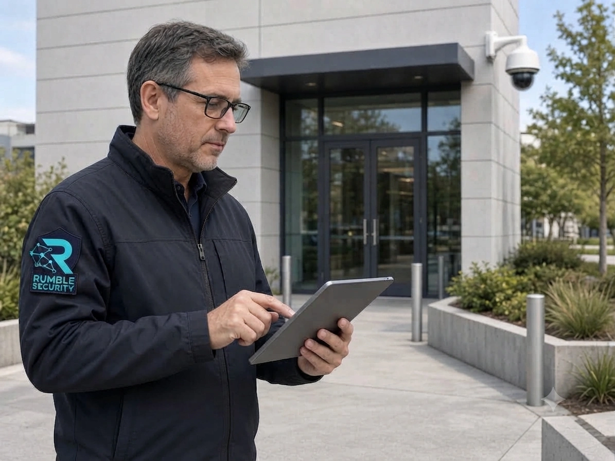 Consultant assessing facility security coverage with a tablet