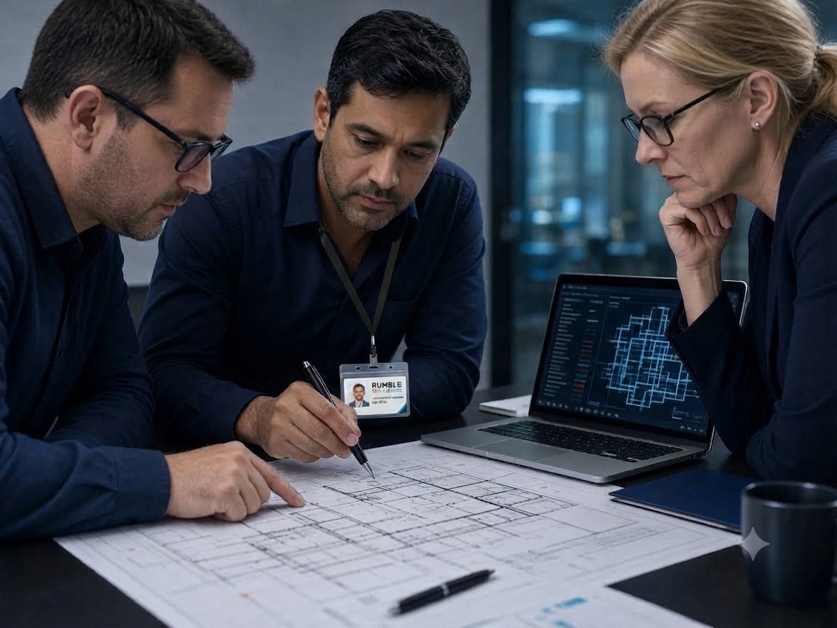 Consultants reviewing vulnerability findings and floor plans