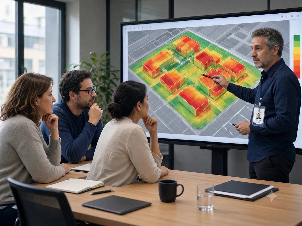 Security workshop with consultant and clients reviewing a risk map